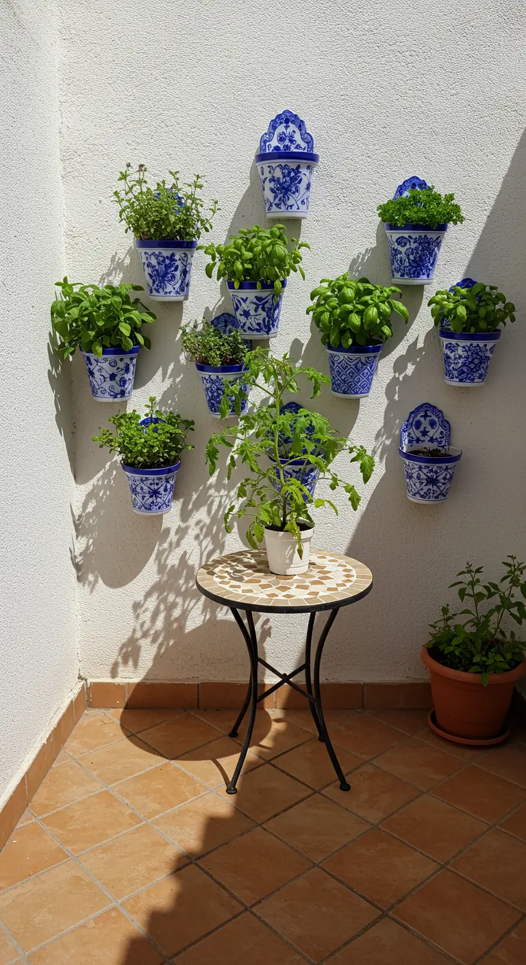 Macetas de cerámica azul y blanco colgadas en una pared blanca en un patio soleado.