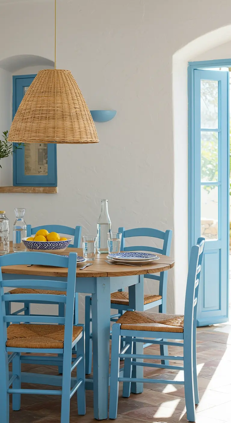 Comedor de estilo mediterráneo con lámpara de mimbre y sillas de madera azules.