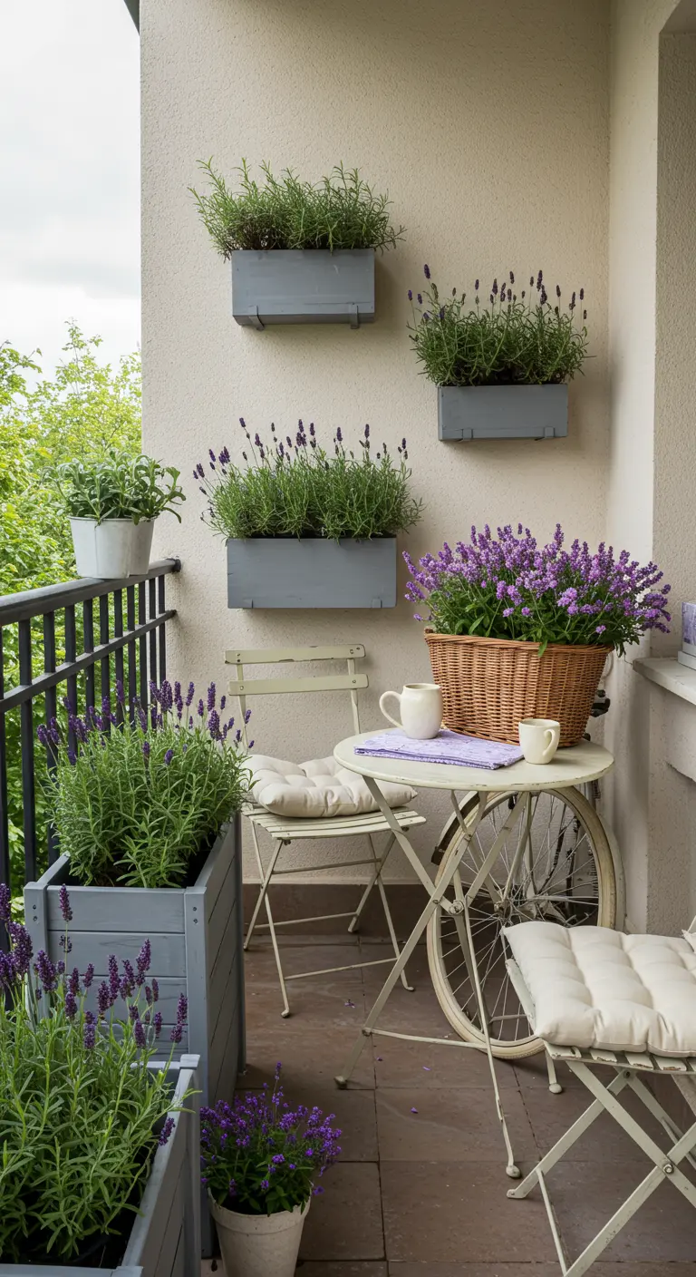 Balcón estilo provenzal con macetas de lavanda, una mesa de bistró y sillas de metal blanco.
