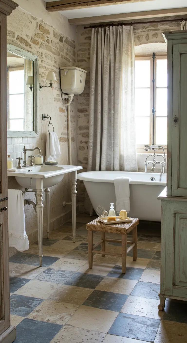 Baño de estilo provenzal con pared de piedra vista, suelo de damero y bañera con patas.