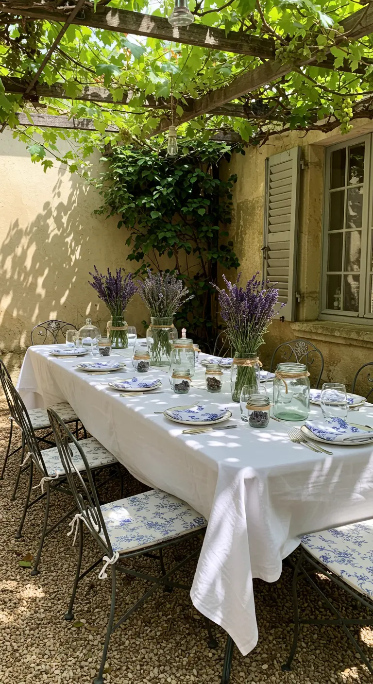 Mesa al aire libre bajo una parra con mantel blanco y centros de mesa de lavanda en tarros de cristal.