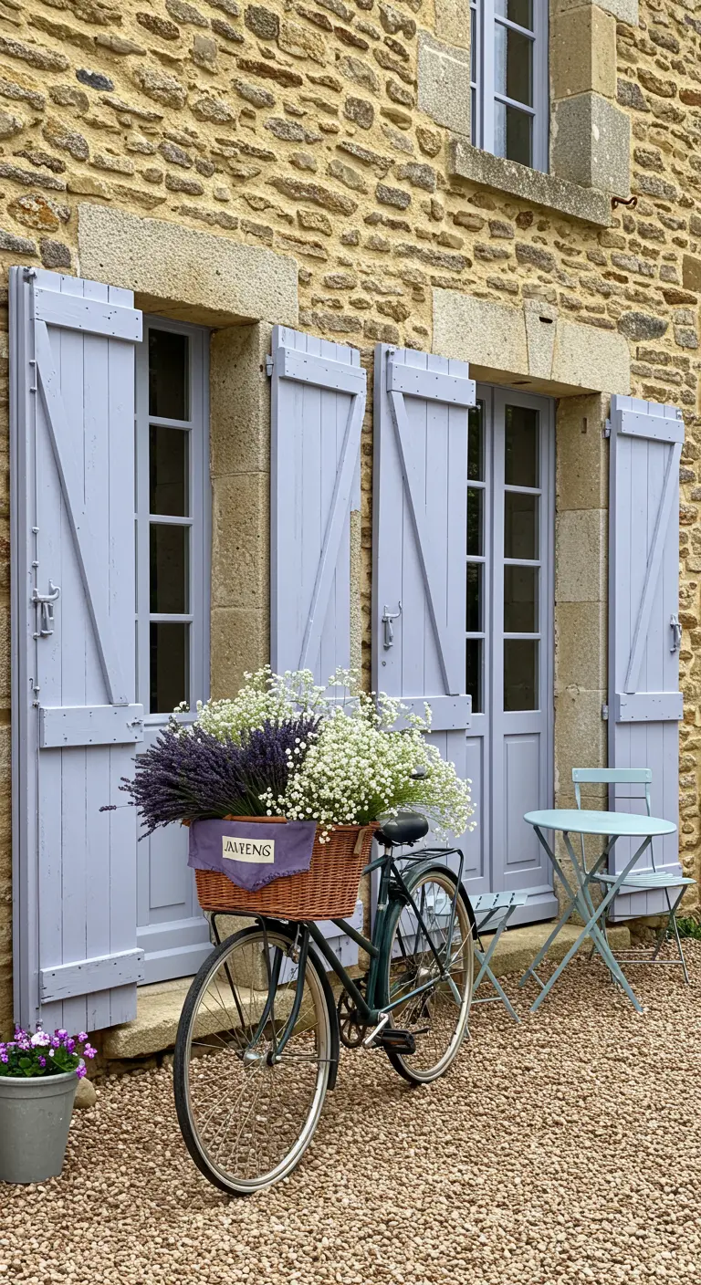 Bicicleta con lavanda y flores blancas frente a una casa de piedra con contraventanas azules