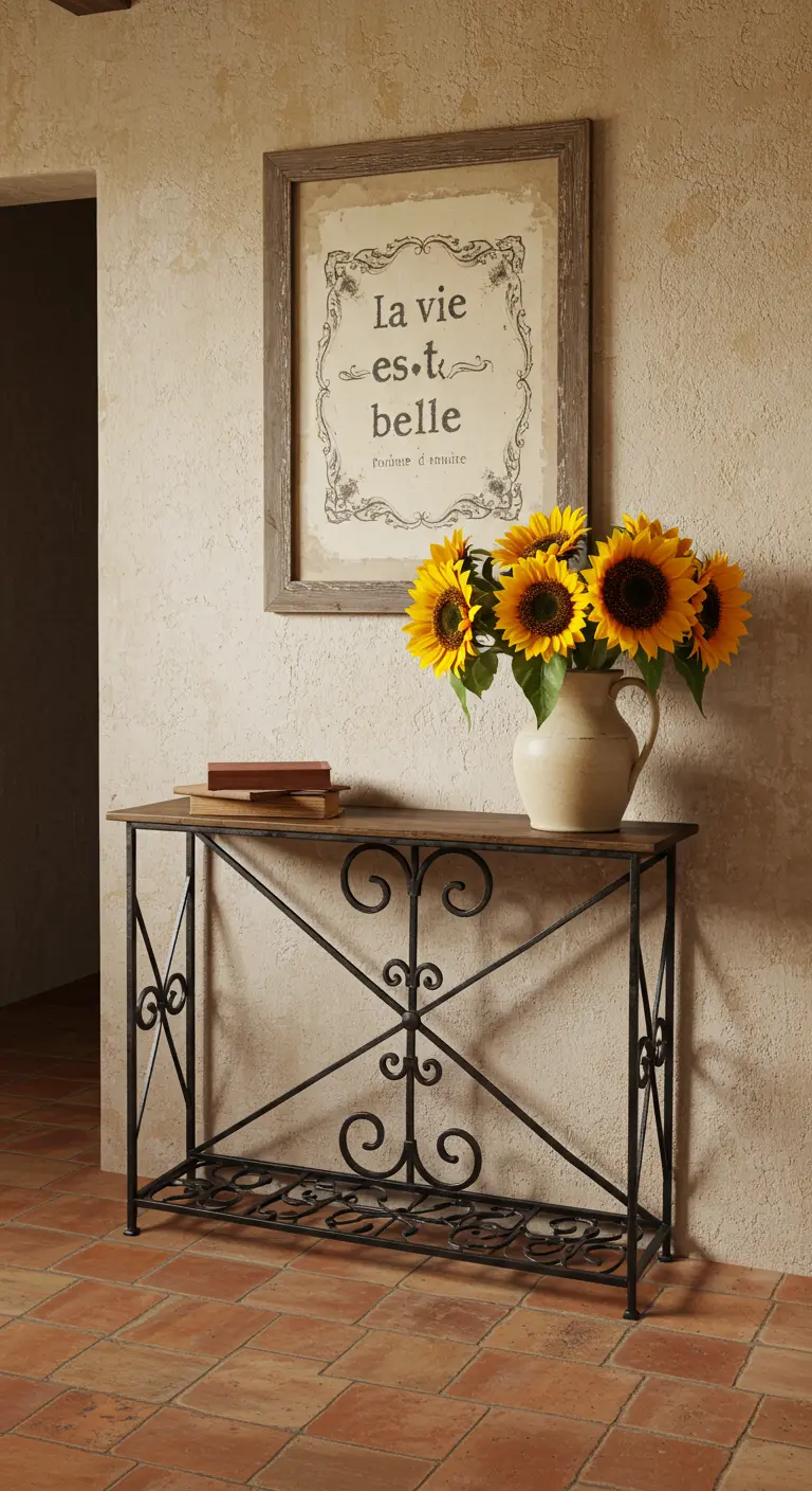 Consola de hierro forjado con girasoles y un cuadro que dice 'La vie est belle' en la pared.