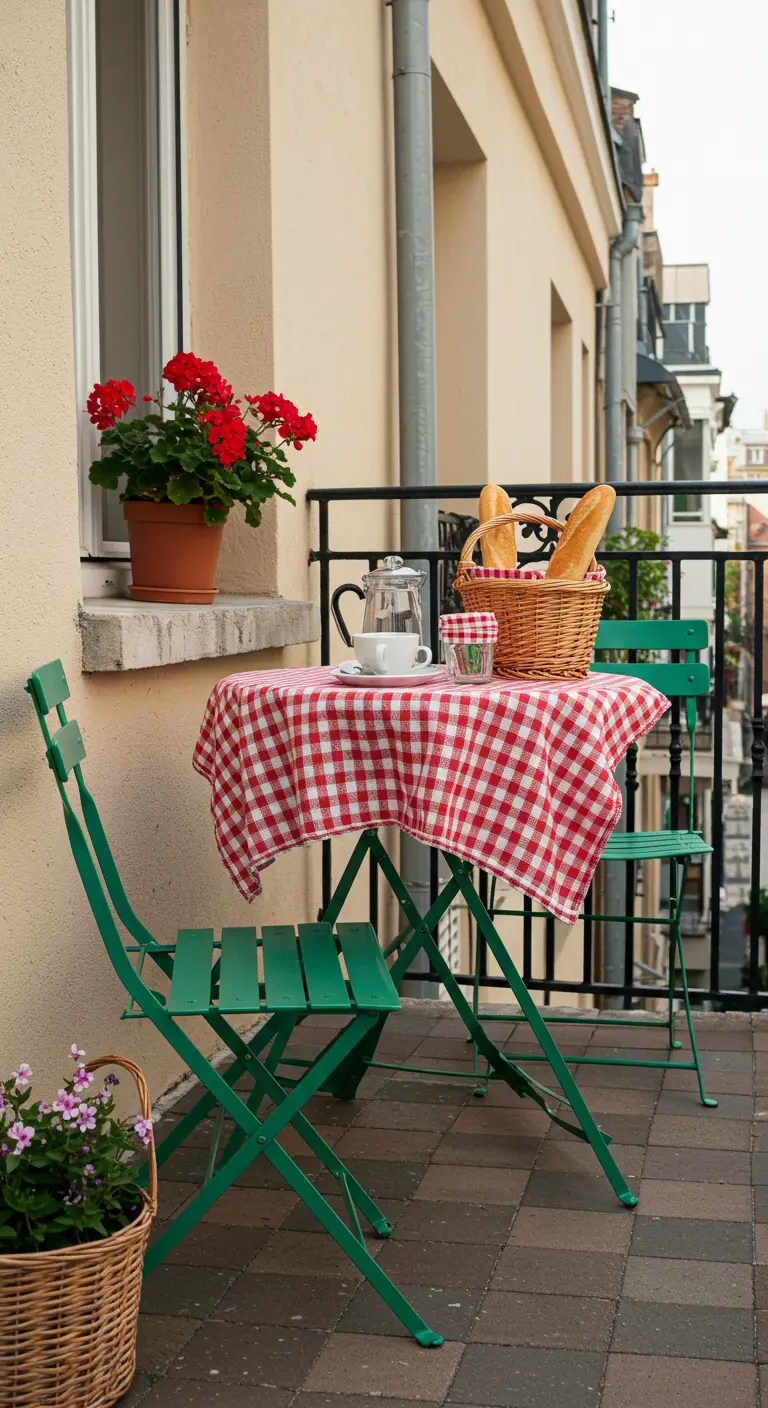 Conjunto de bistró plegable de metal verde con mantel a cuadros en un balcón de estilo parisino.