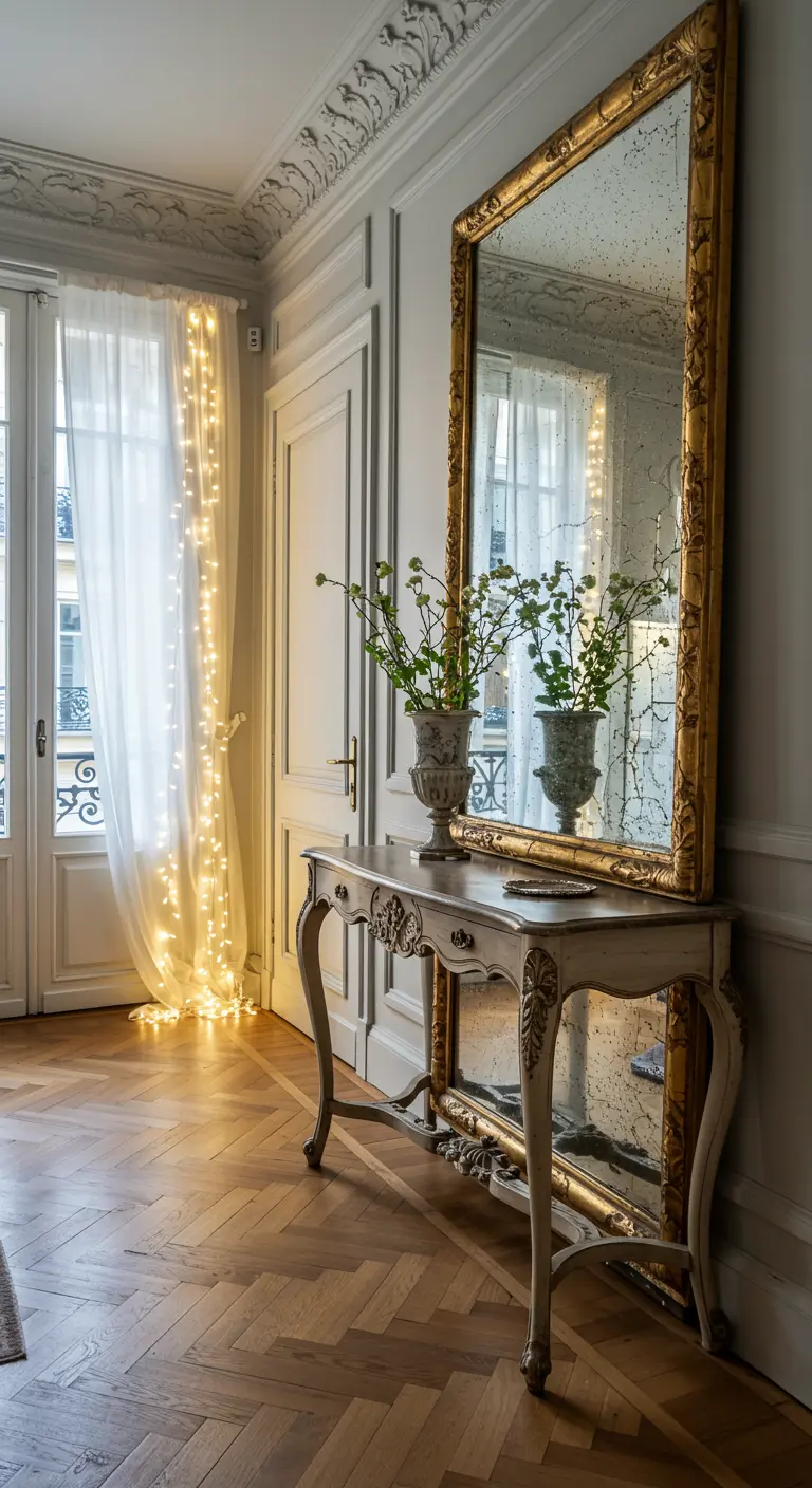 Recibidor de estilo parisino con espejo dorado, consola clásica y luces cálidas tras una cortina.