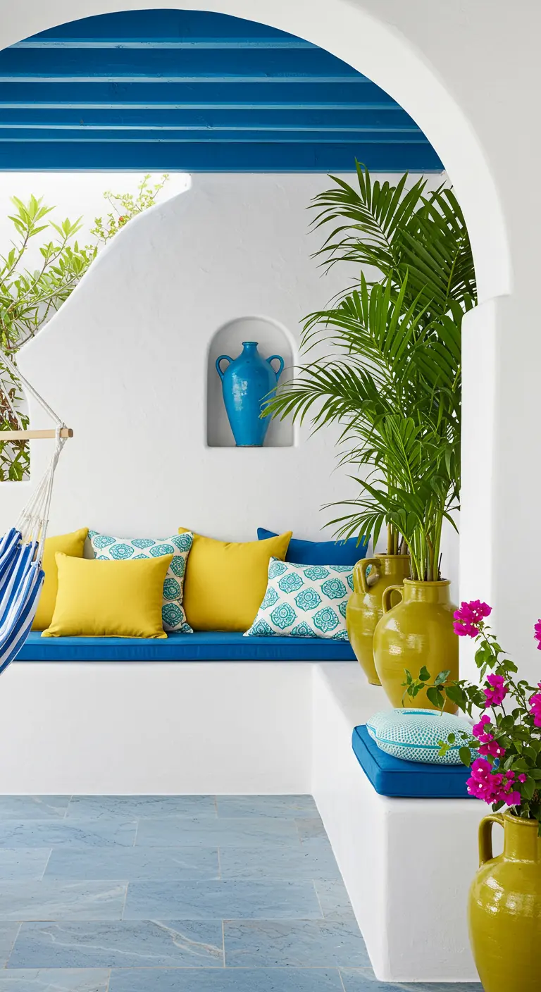 Patio de estilo griego con paredes blancas, banco de obra con cojines azules y amarillos