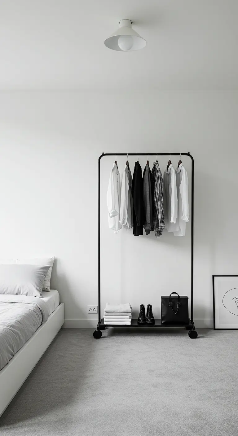 Perchero negro con ruedas en un dormitorio minimalista con ropa colgada.