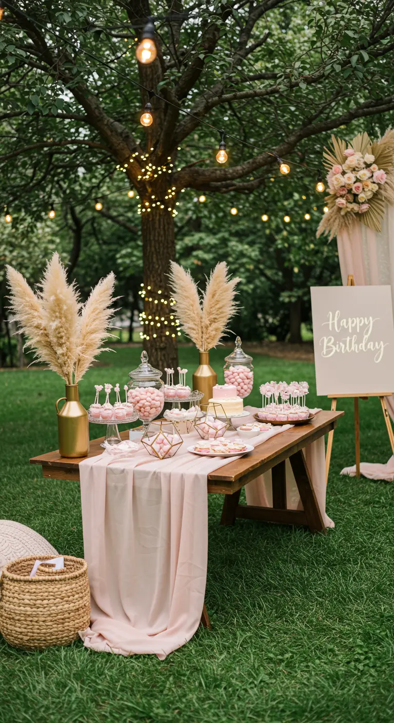 Candy bar rústico al aire libre con hierba de la pampa, madera y luces colgantes.