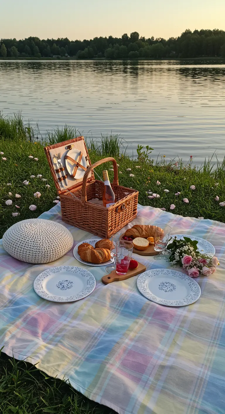 Escena de picnic junto a un lago con una manta de cuadros pastel, cesta de mimbre y comida.