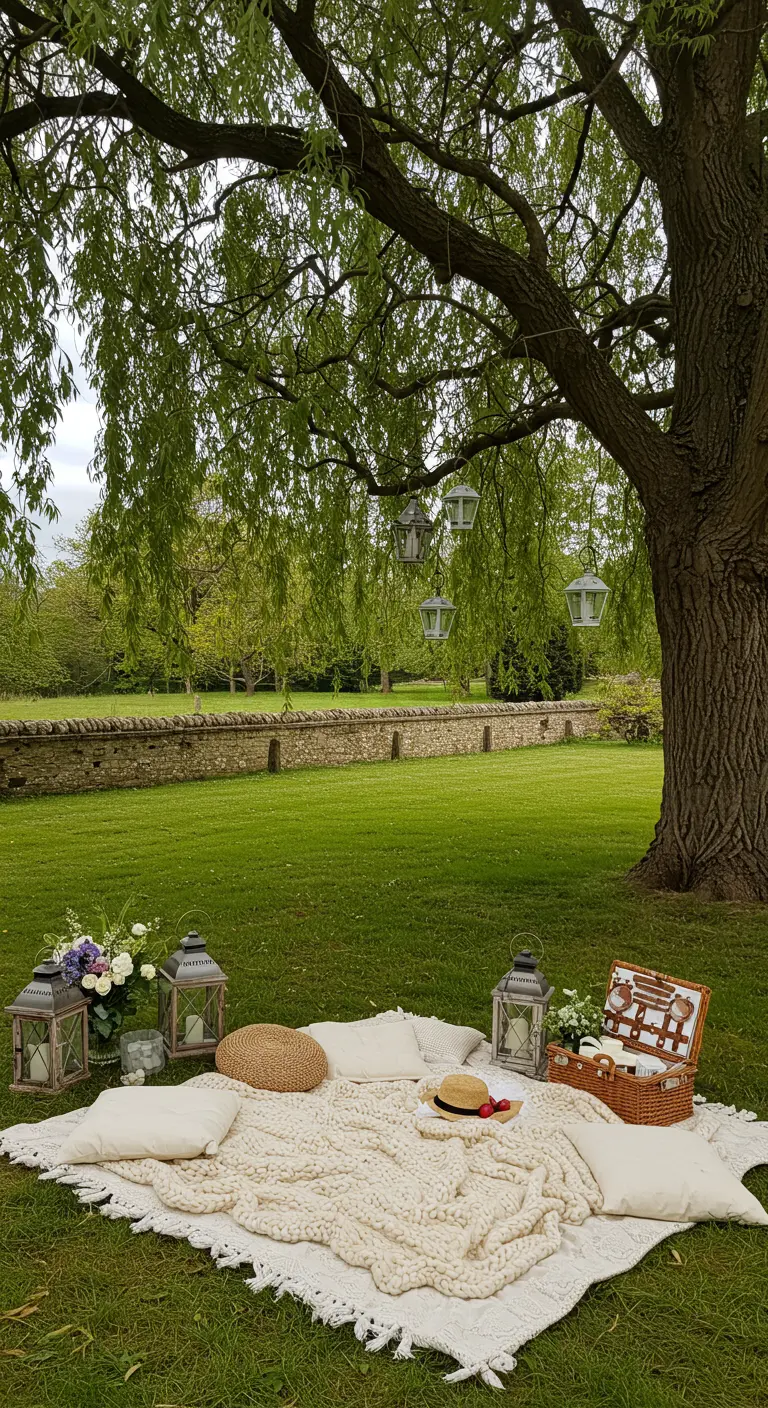 Escena de picnic bajo un árbol con una gran manta de punto, cojines, faroles y una cesta.