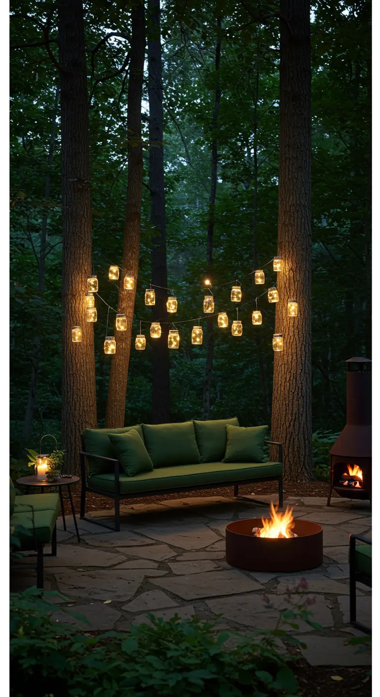 Claro en un bosque con un sofá verde, un brasero y una guirnalda hecha de tarros de cristal con luces
