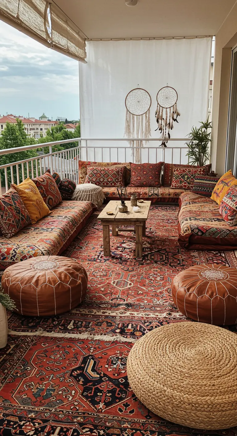 Balcón bohemio con asientos a nivel del suelo, alfombras persas superpuestas, pufs y atrapasueños.