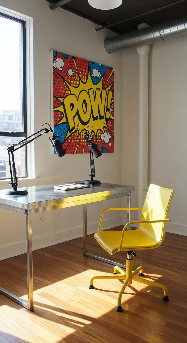 Estudio de podcast moderno con un cuadro de arte pop 'POW!' y una silla amarilla brillante.
