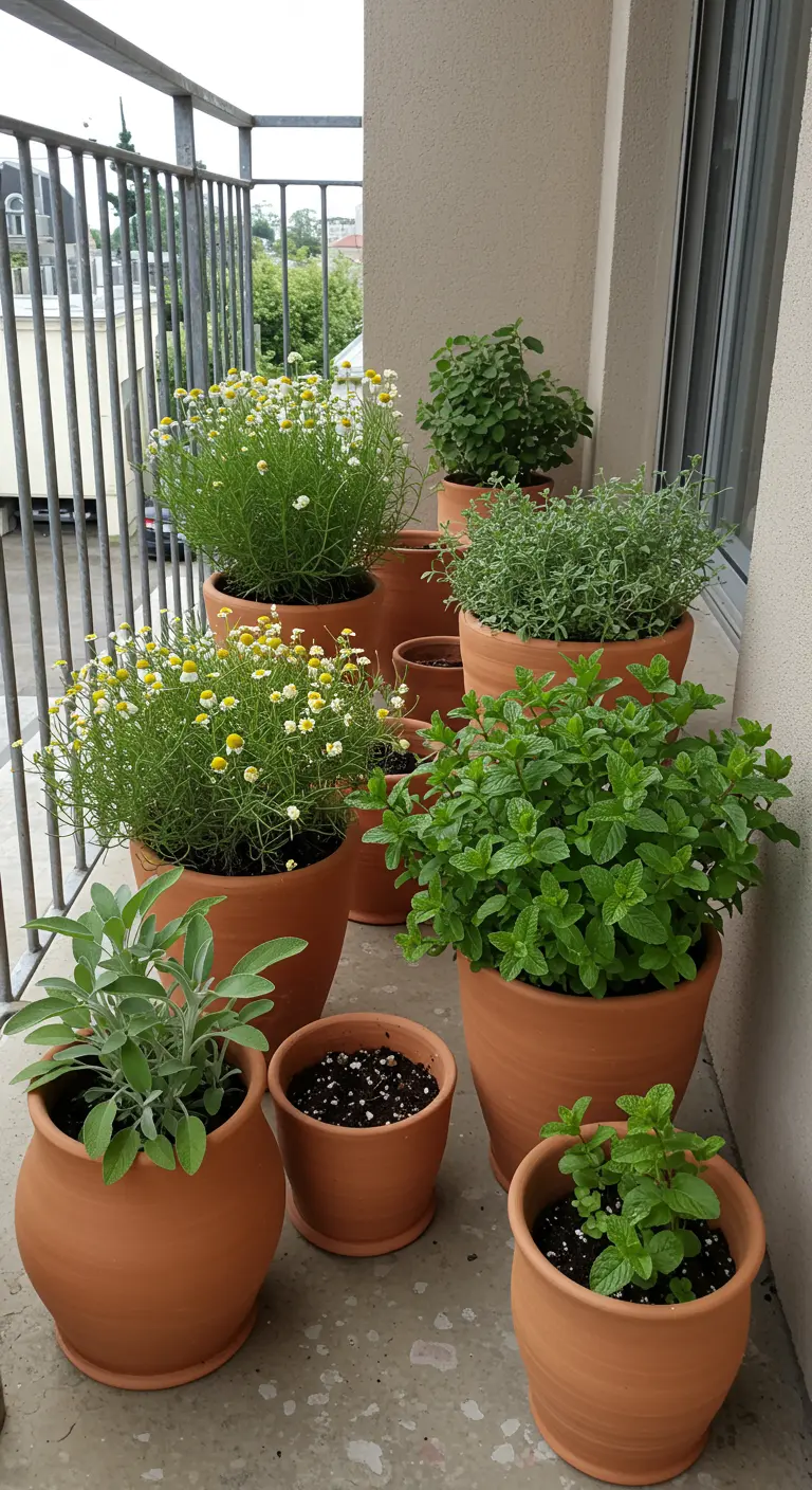 Grupo de macetas de terracota de diferentes tamaños con menta, salvia y manzanilla en un balcón.