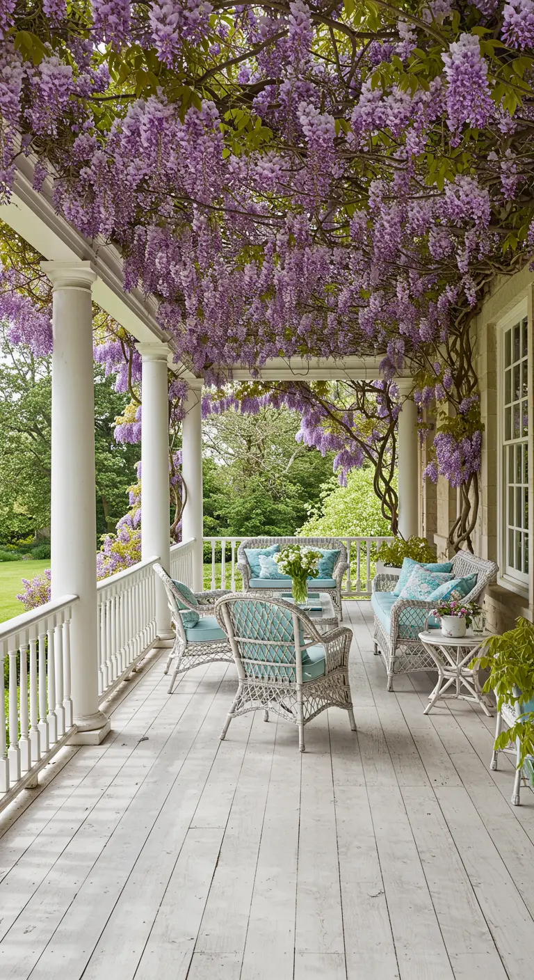 Porche espacioso con columnas blancas y un techo cubierto de flores de glicina colgantes.