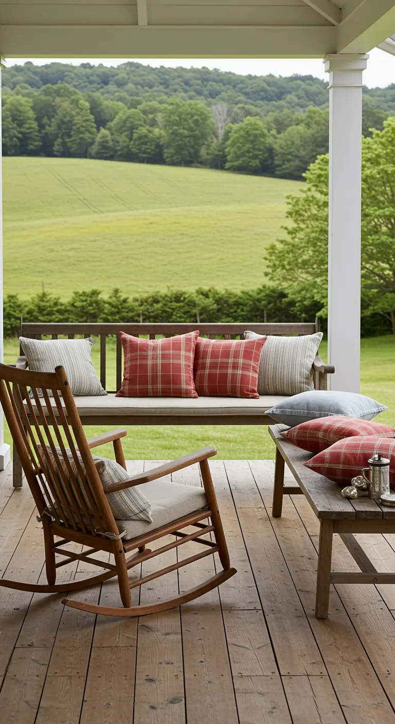 Porche de madera con un banco y una mecedora, decorado con cojines de cuadros rojos y rayas.