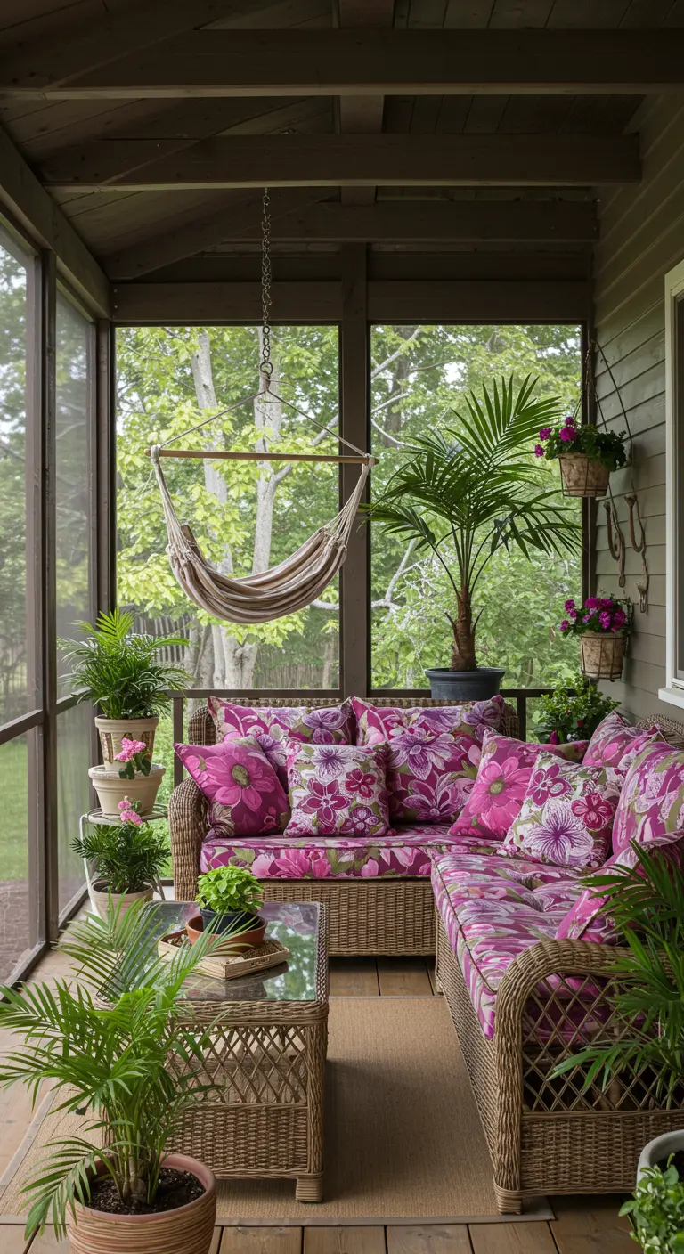 Porche acristalado con sofás de mimbre, cojines florales fucsia y muchas plantas en maceta