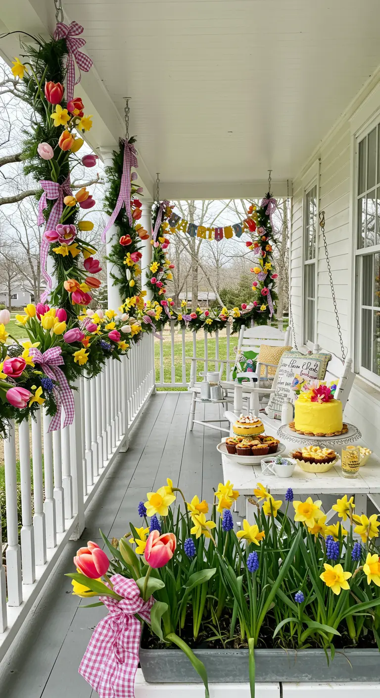 Porche blanco con columpios decorados con guirnaldas y coronas de tulipanes y narcisos.