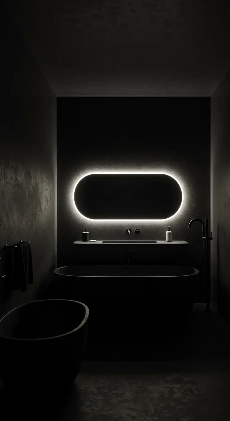 Espejo ovalado retroiluminado con luz LED en un baño oscuro y minimalista.