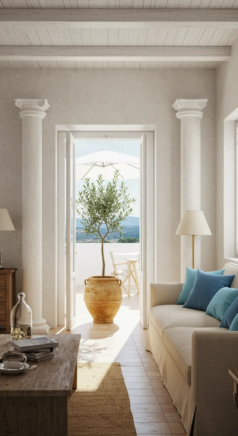 Sala de estar de estilo mediterráneo con columnas blancas rústicas que enmarcan una puerta abierta