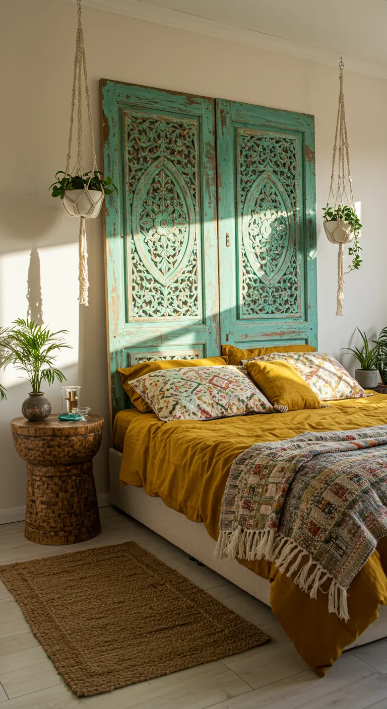 Cabecero de cama hecho con puertas de madera tallada pintadas en turquesa y acabado envejecido.