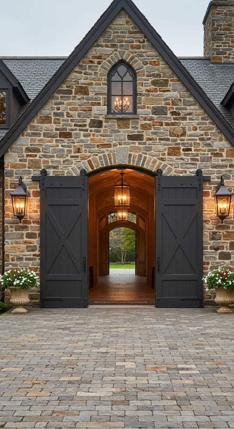 Impresionante entrada con arco de piedra y puertas de granero dobles en color oscuro.