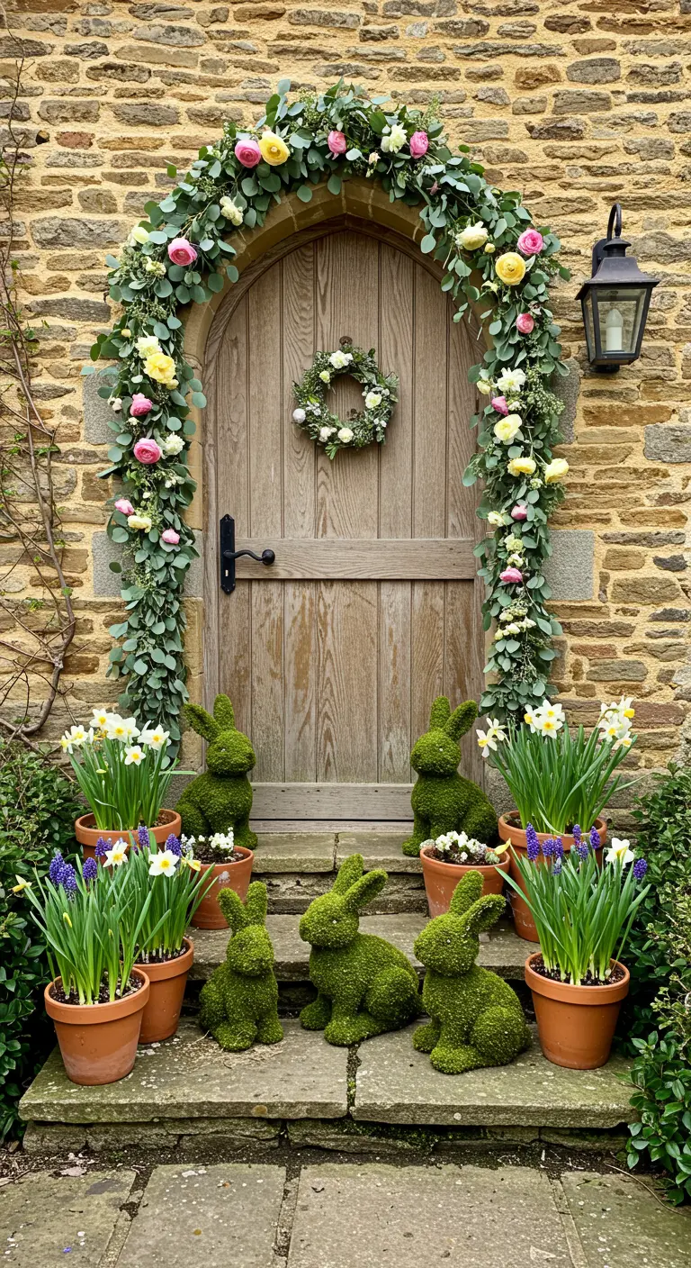 Puerta de madera rústica con un arco de flores y conejos de musgo en los escalones
