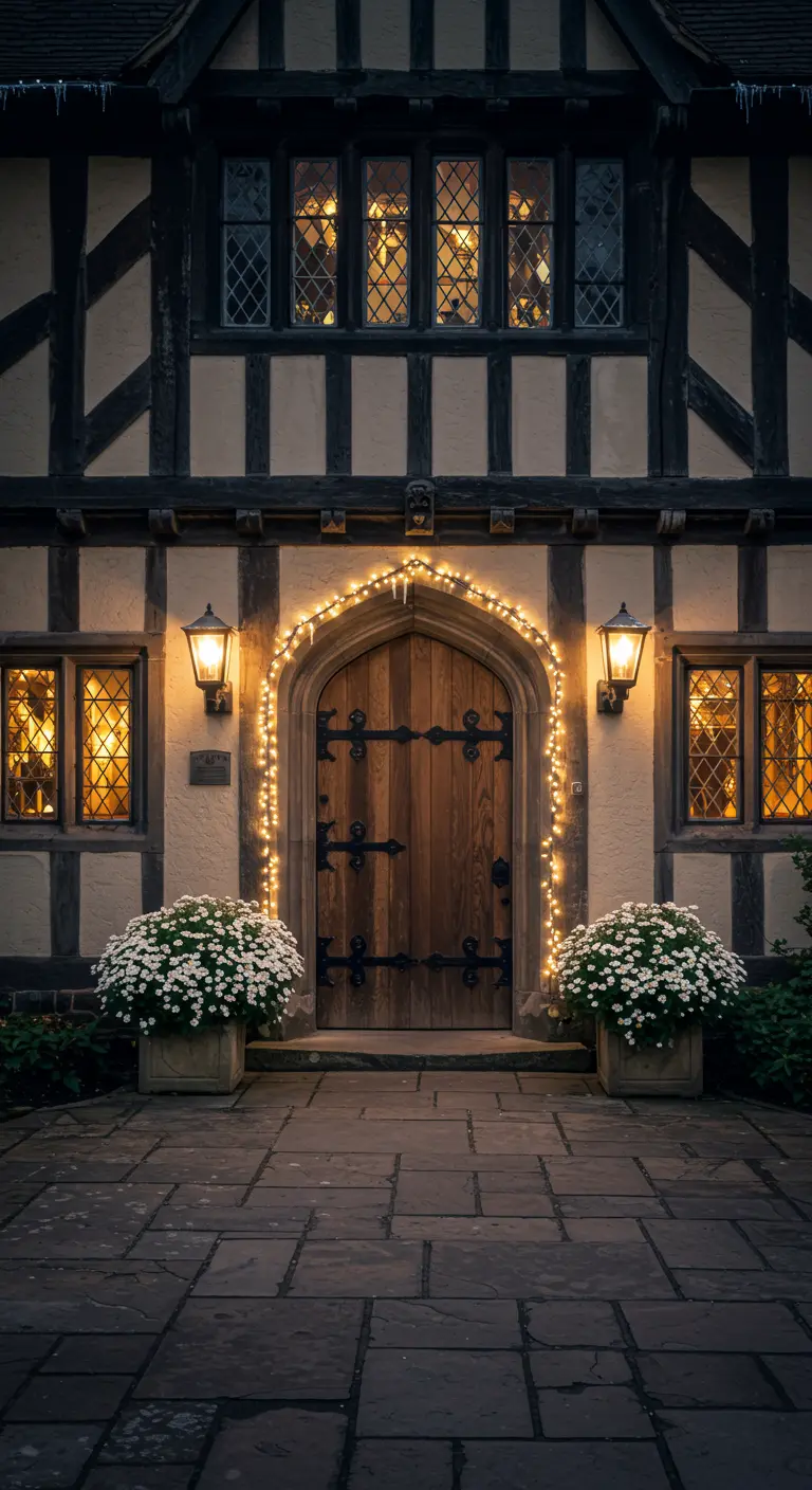 Puerta de madera arqueada de estilo Tudor enmarcada con luces de hadas y flanqueada por macetas de flores.