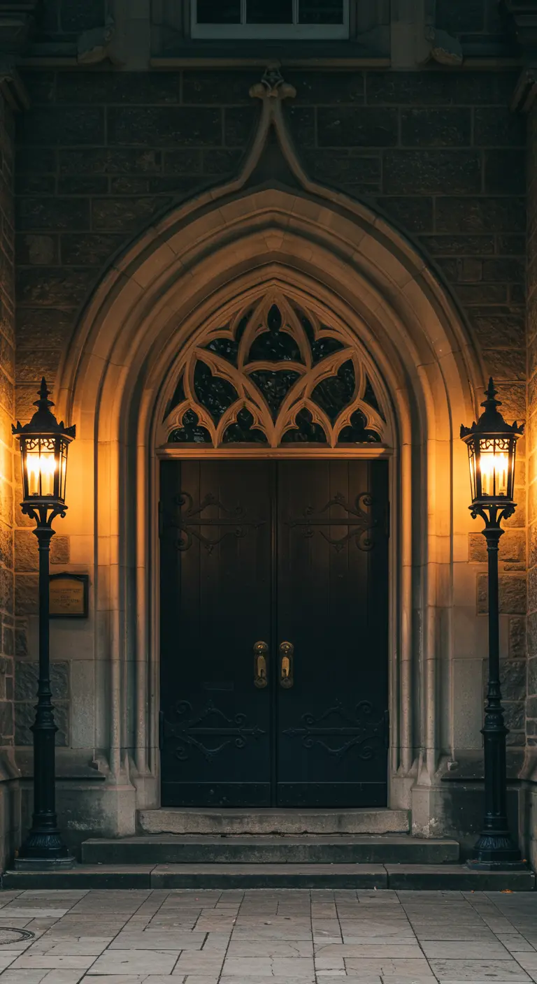 Puerta gótica de madera oscura iluminada por dos faroles de pie de estilo antiguo.