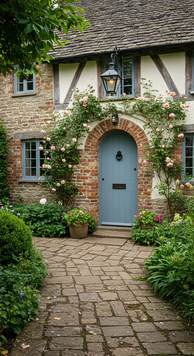 Entrada de casa de campo inglesa con puerta azul, arco de ladrillo cubierto de rosas trepadoras.