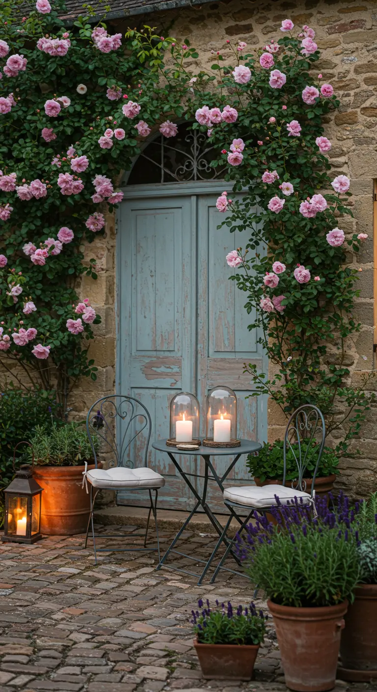 Puerta de madera azul rodeada de rosales trepadores y un pequeño set de bistró.