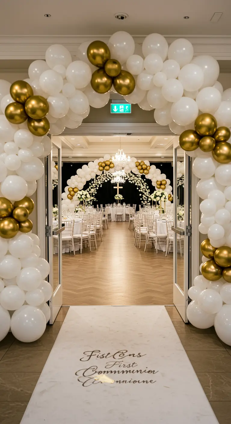 Entrada a un salón enmarcada por un arco de globos blancos y dorados, con un camino personalizado en el suelo.