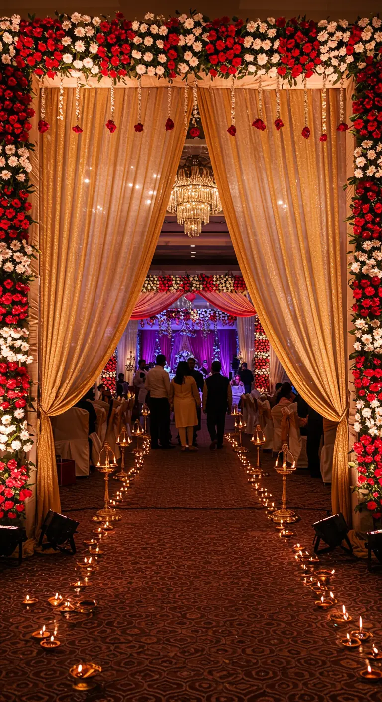 Entrada a una fiesta con un arco de flores rojas y blancas, cortinas doradas y velas en el suelo.