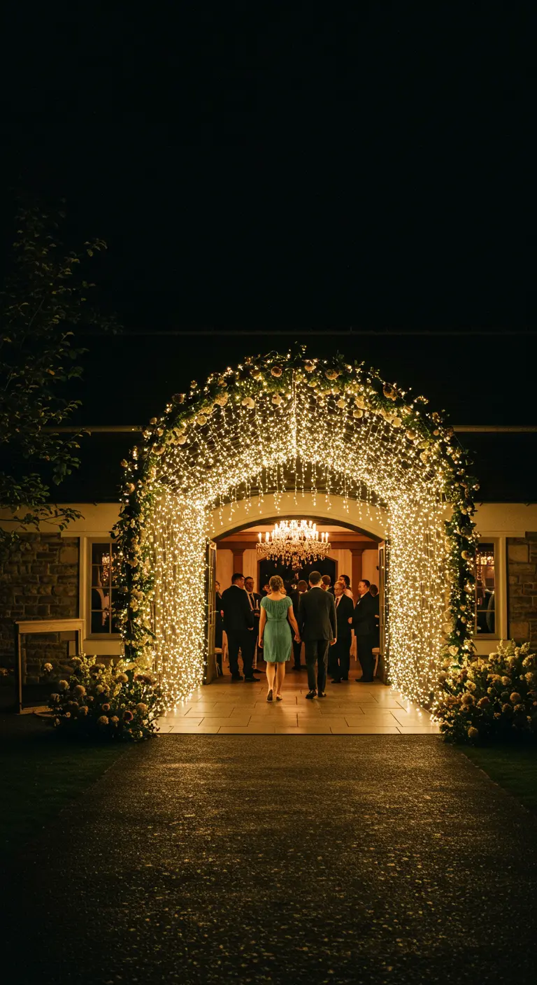Arco de entrada a una boda cubierto de flores y miles de luces de hadas.