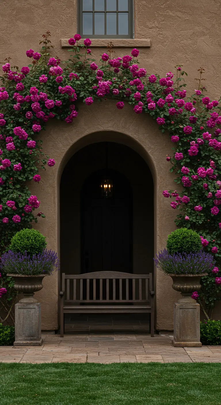Arco de piedra cubierto por un rosal trepador fucsia, con urnas de boj y lavanda a los lados.