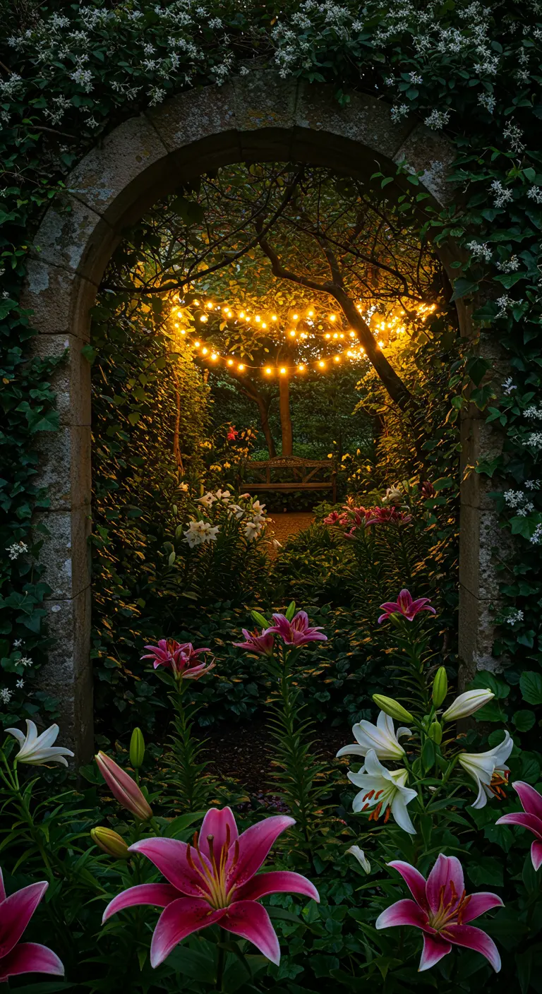 Arco de piedra cubierto de hiedra que enmarca un jardín nocturno iluminado con guirnaldas.
