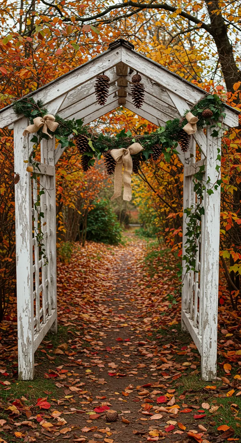 Pérgola de jardín blanca y envejecida con una guirnalda de pino, hiedra y lazos de yute.