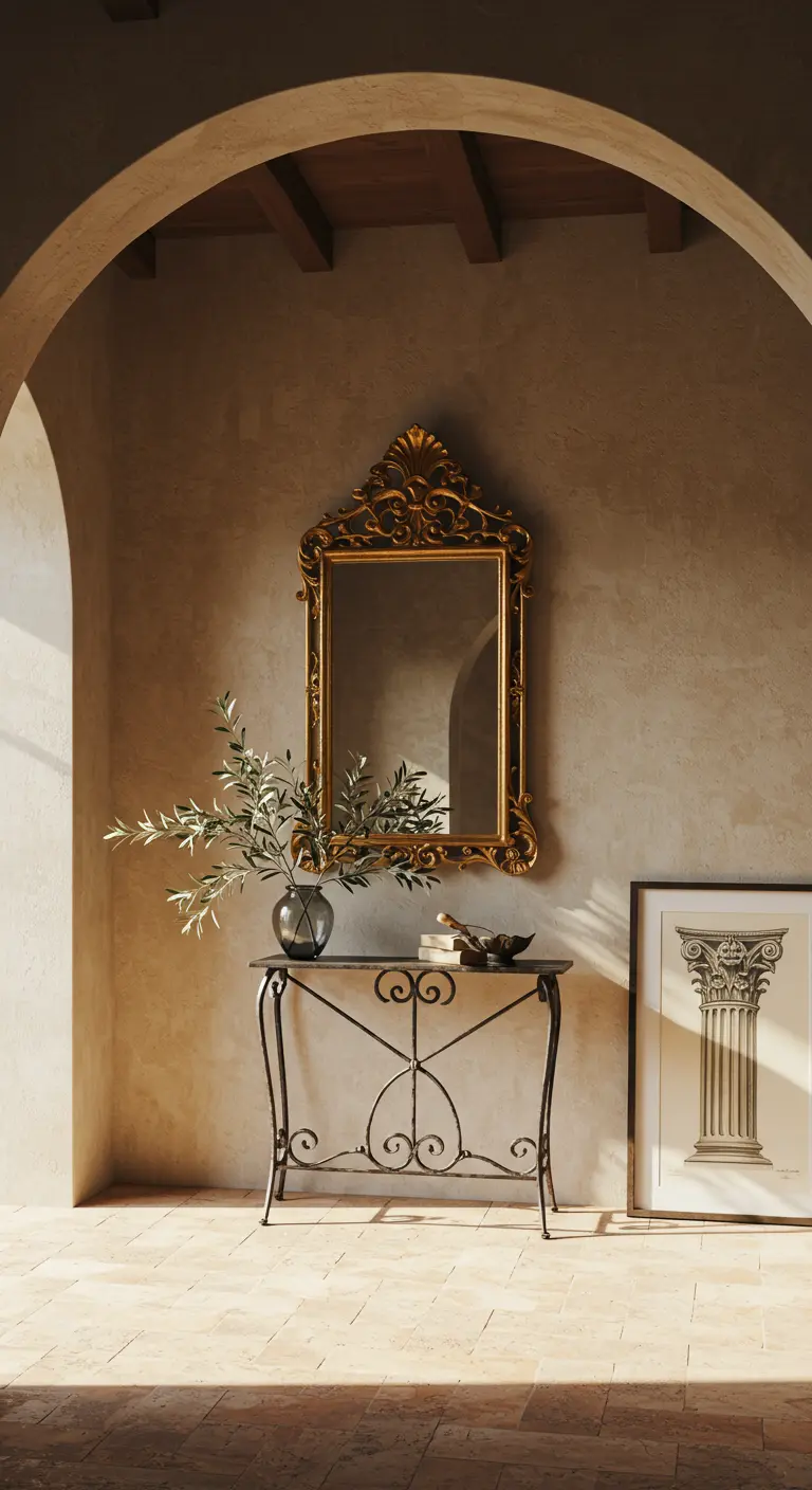 Recibidor mediterráneo bajo un arco con consola de hierro forjado y espejo barroco dorado.