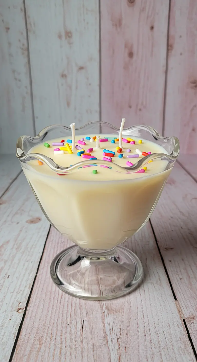 Vela que parece un helado en una copa de postre de cristal, decorada con sprinkles de colores
