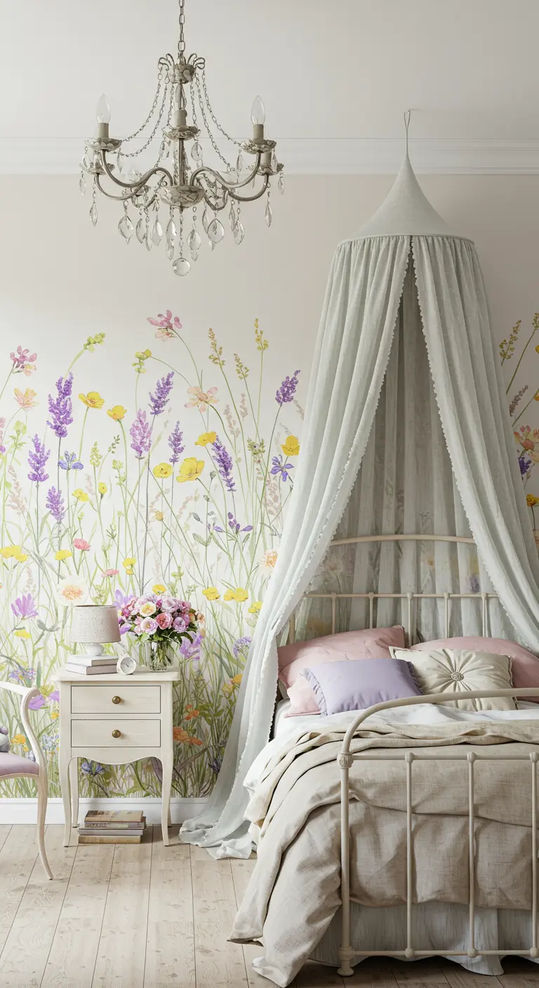 Dormitorio romántico con mural de flores silvestres, cama con dosel y candelabro.