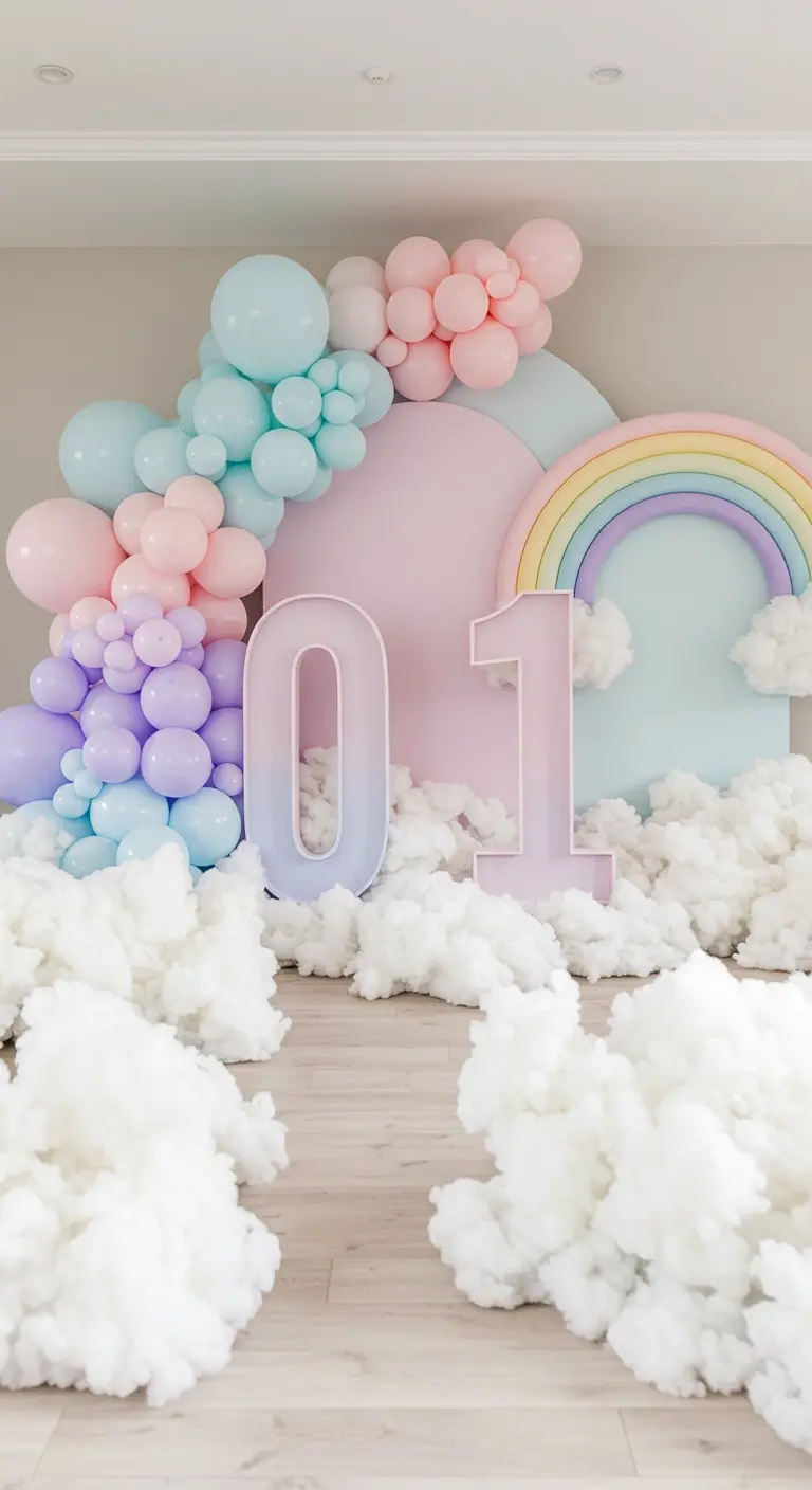 Decoración de primer cumpleaños con números 01, nubes de algodón y globos en tonos pastel.