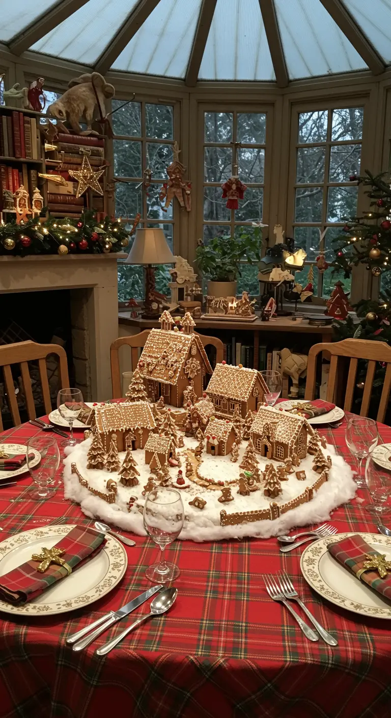 Centro de mesa con un pueblo de casitas de jengibre sobre un mantel de cuadros rojos.