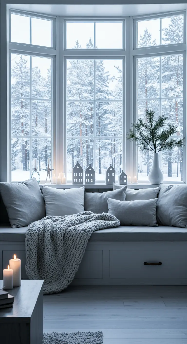 Alféizar de una ventana con vistas a un bosque nevado, decorado con casitas de cerámica iluminadas