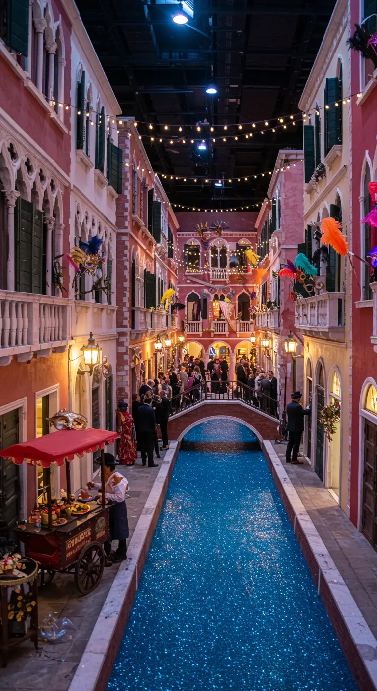 Recreación de un canal veneciano en un espacio interior, con edificios, un puente y máscaras.