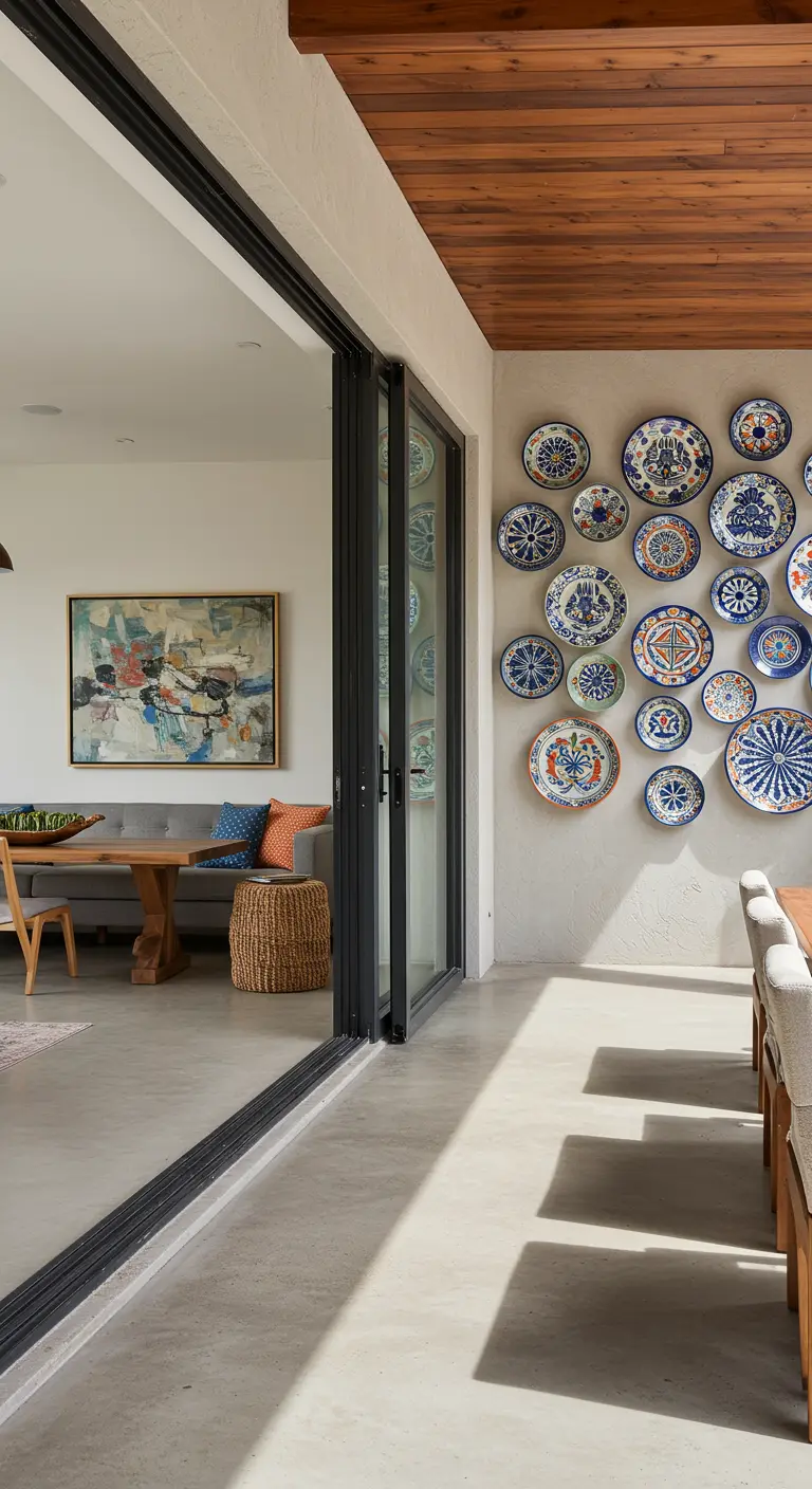 Transición de un salón a un patio con una pared decorada con platos de cerámica.