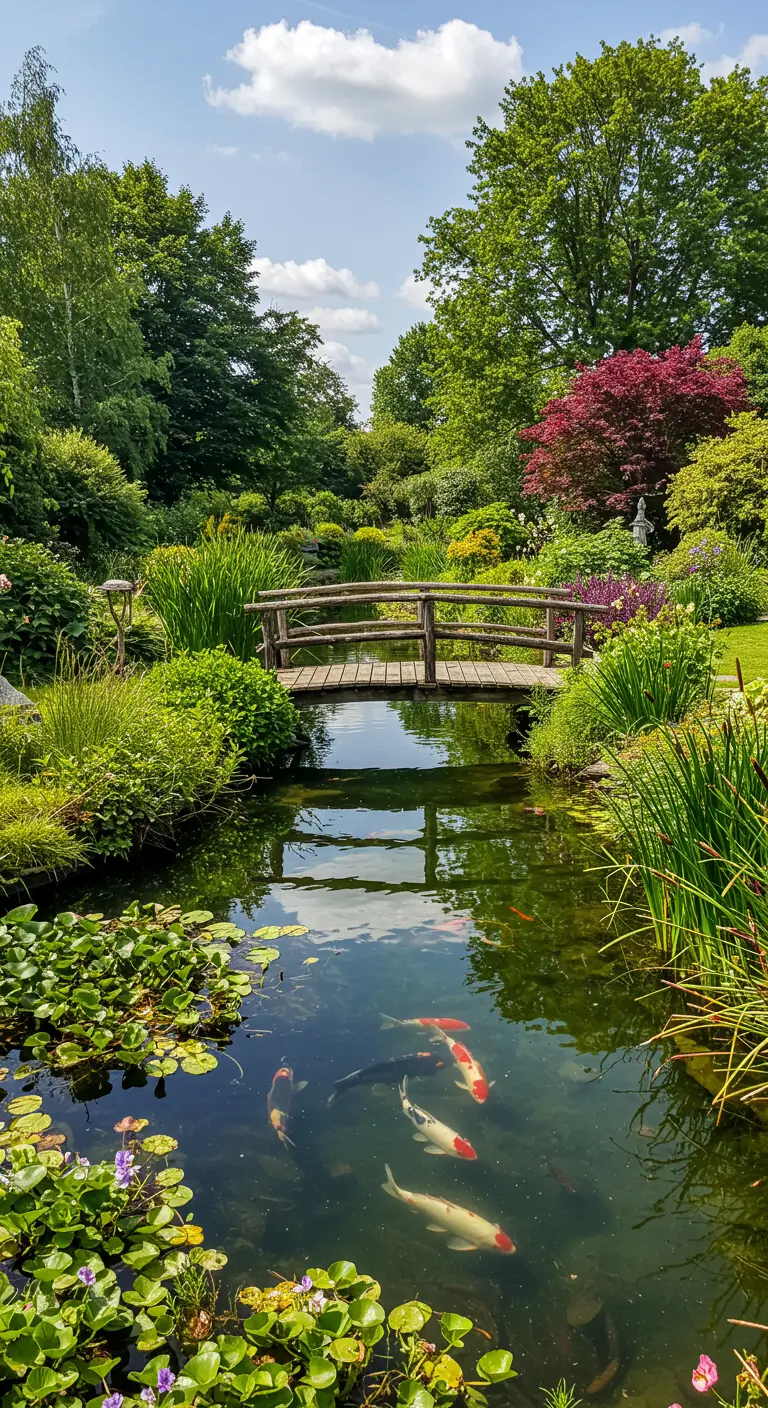 Puente de madera arqueado sobre un estanque de peces koi con nenúfares y jardín frondoso.