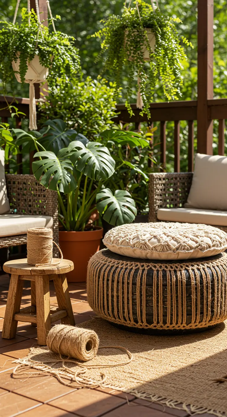 Puf hecho con un neumático reciclado y cubierto de cuerda de yute en una terraza soleada.