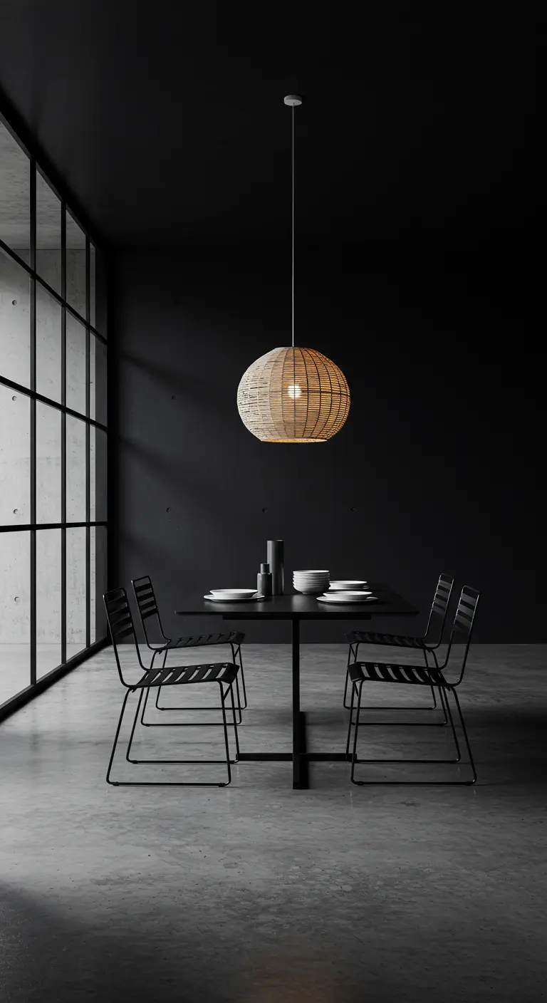 Comedor minimalista industrial con paredes negras y una lámpara de ratán esférica.