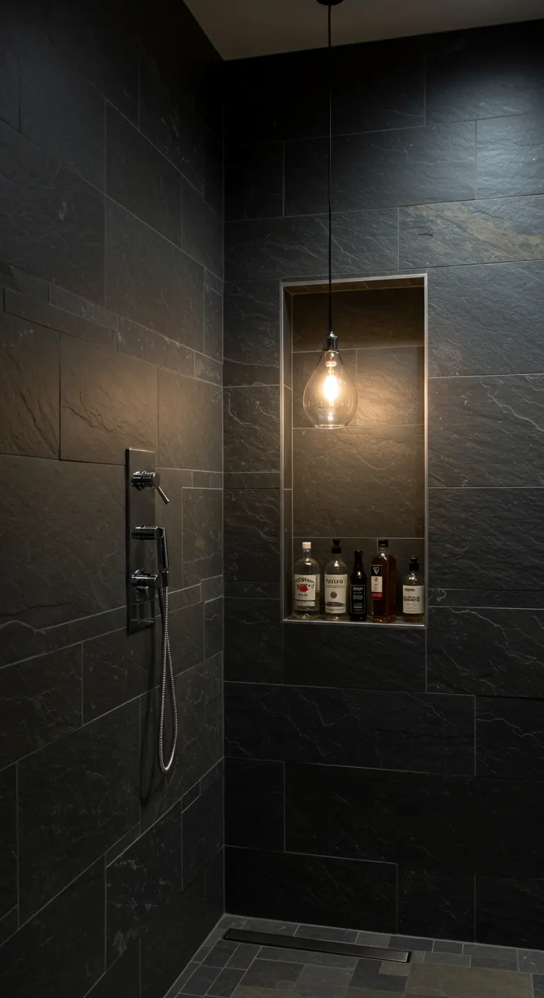 Ducha oscura con un nicho iluminado por una lámpara colgante de cristal