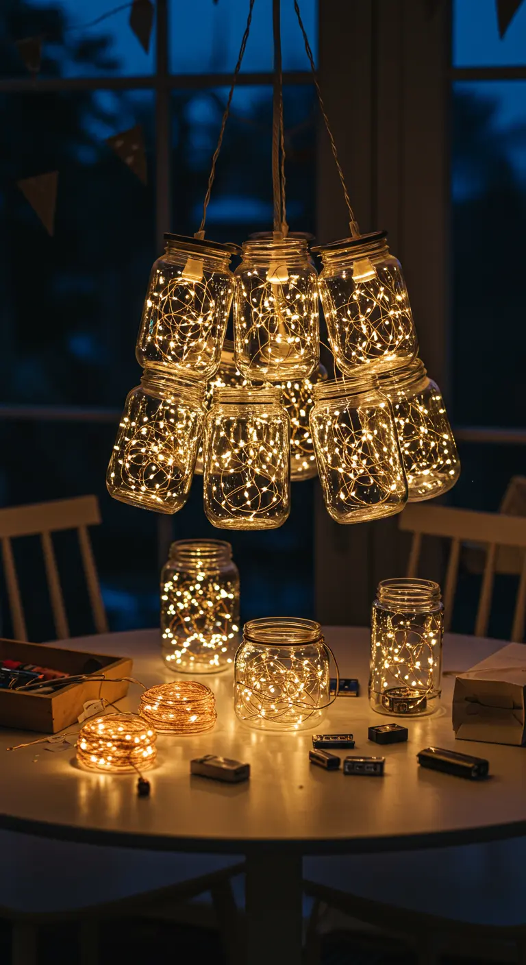 Candelabro DIY formado por un racimo de frascos de vidrio rellenos de guirnaldas de luces LED cálidas.